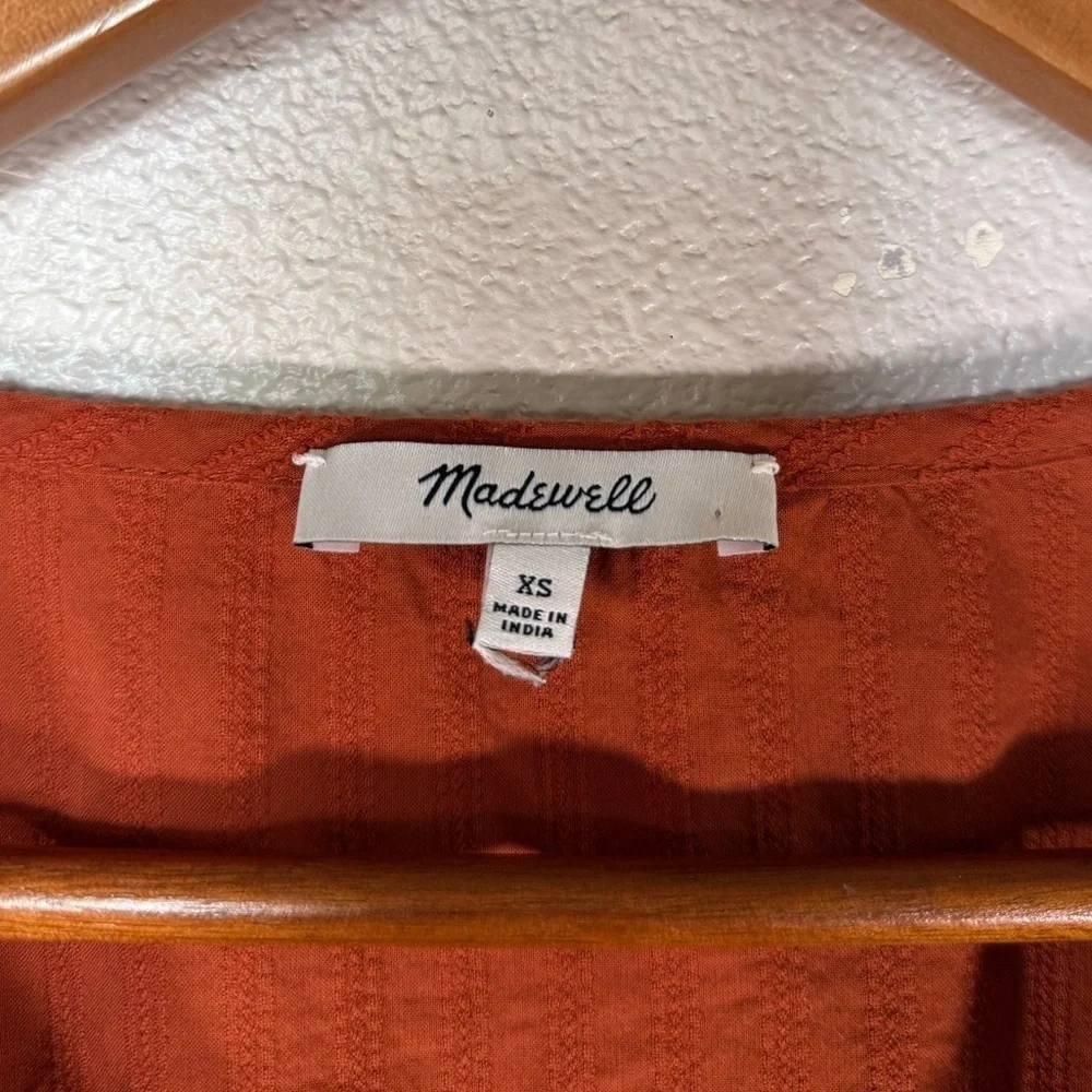 Madewell V-Neck Puff-Sleeve Top, XS, Textured Stripe/Rusty Torch B13